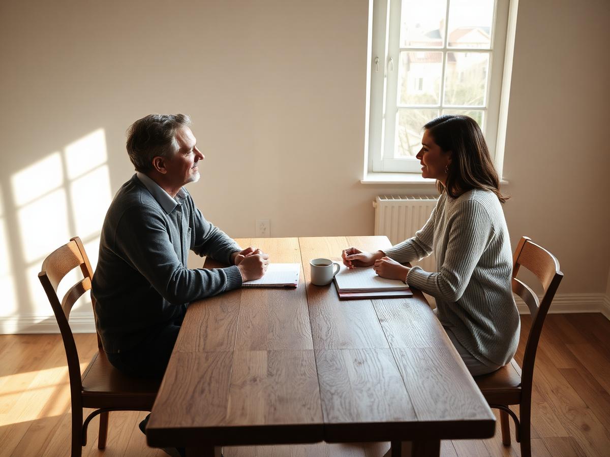 Mentor and mentee in conversation across a wooden table